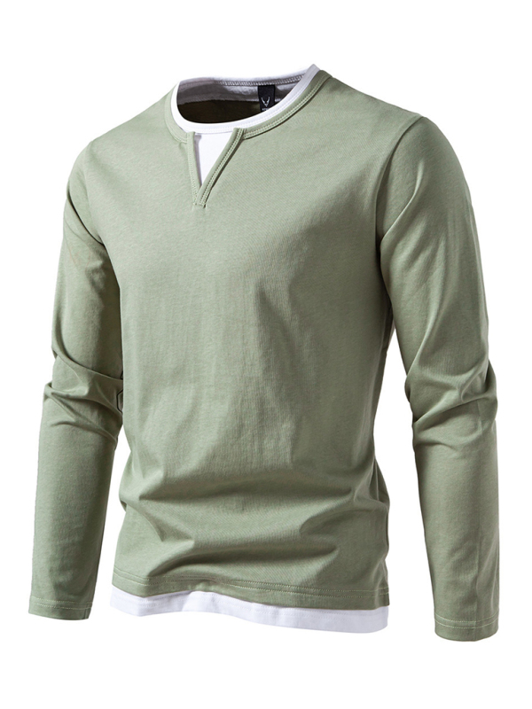 Men's T-shirt Fake two-piece double-layer V-neck stitching bottoming shirt Men's long-sleeved T-shirt - Image 6
